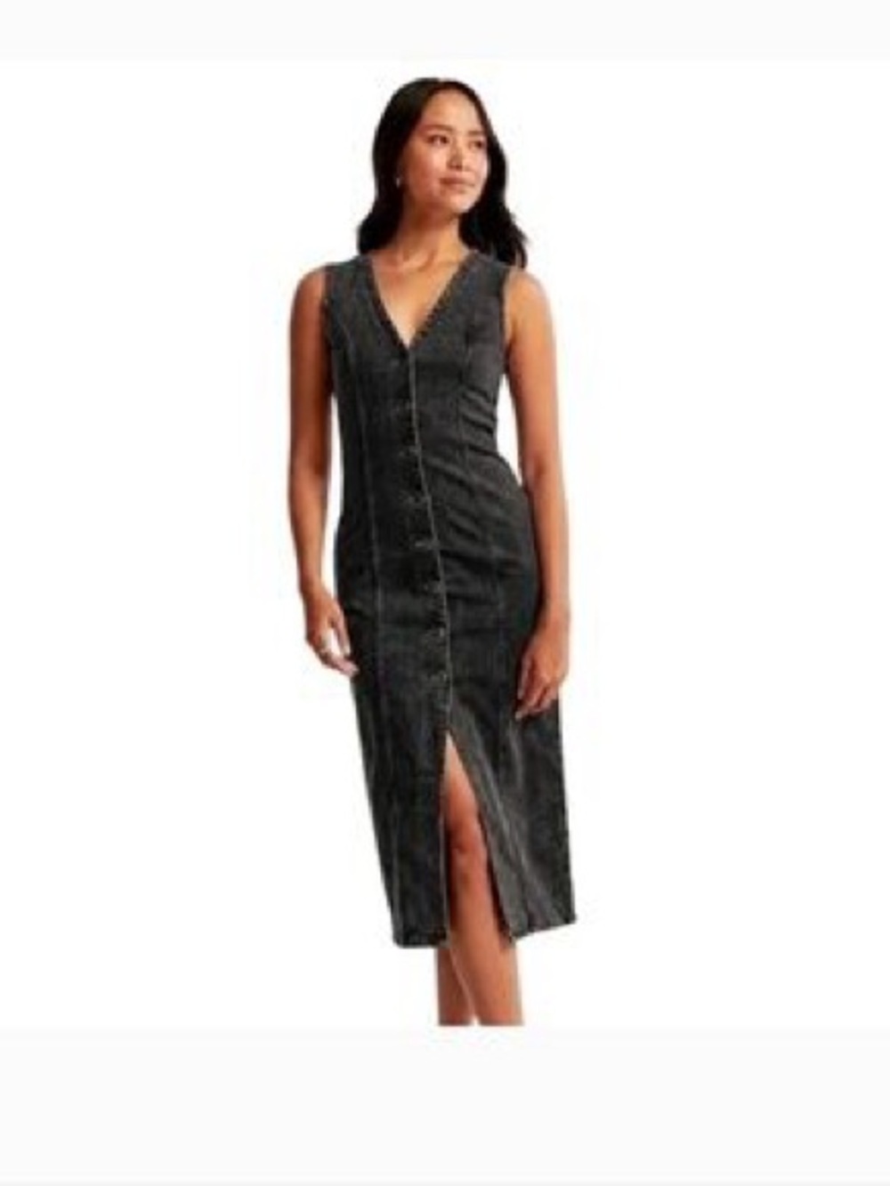 Abercrombie & Fitch Black Sleeveless Button-Front Midi Dress